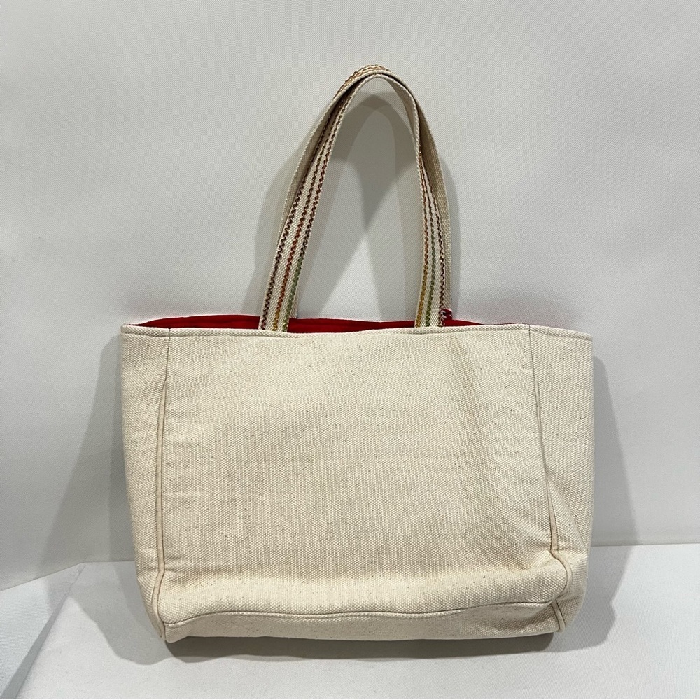 Heavy Canva Tote Embroidered Cream Bag Pom Pom Lined Aztec Print Multicolored - Picture 2 of 11